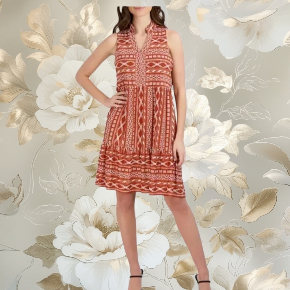 Signature by Robbie Bee Terracotta and White Tiered Midi Dress